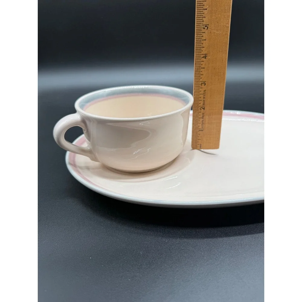 Pfaltzgraff Summer Breeze Snack Set Soup Cup and Oval‎ Plate Pink Blue Band USA
